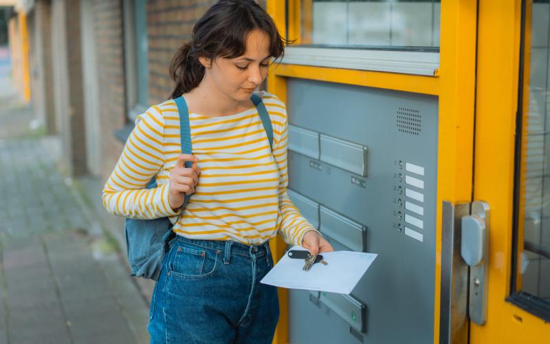 Jonge vrouw met een brief in haar handen, staat bij de brievenbus van een portiekflat 